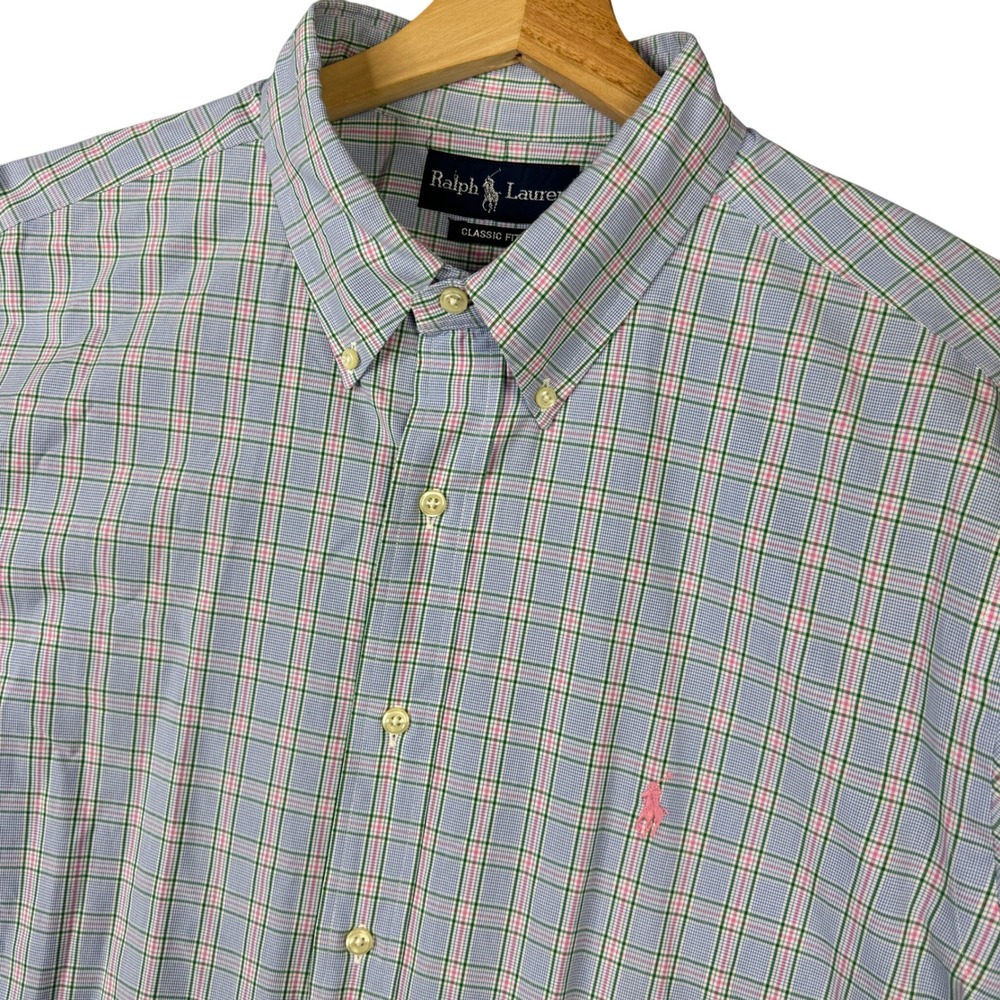 Ralph Lauren Classic Fit Plaid Button Down Shirt Blue Pink Green Mens 17.5 36/37